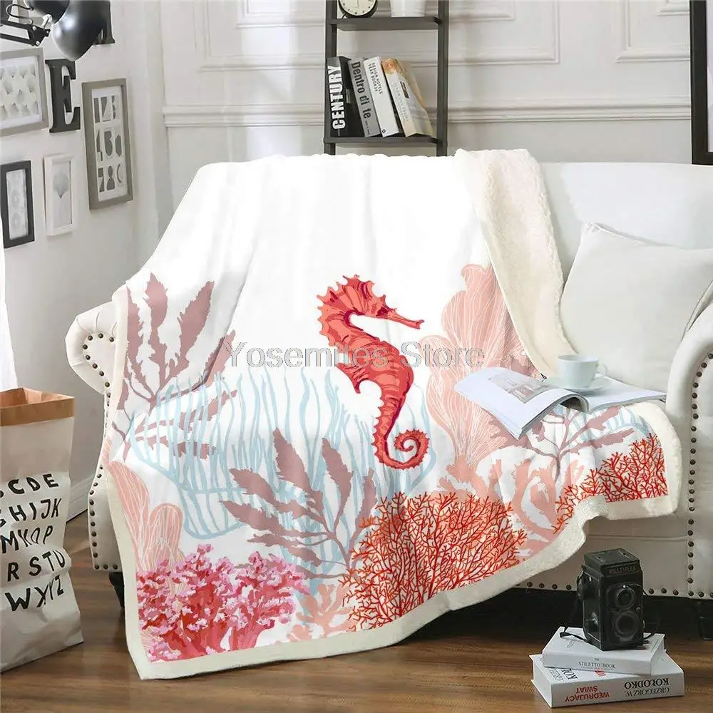 

Castle Fairy Red Seahorse Print Flannel Blanket Couch Sofa Chair Bed Ocean Life Red Coral Sherpa Throw Sea Theme Blanket Size