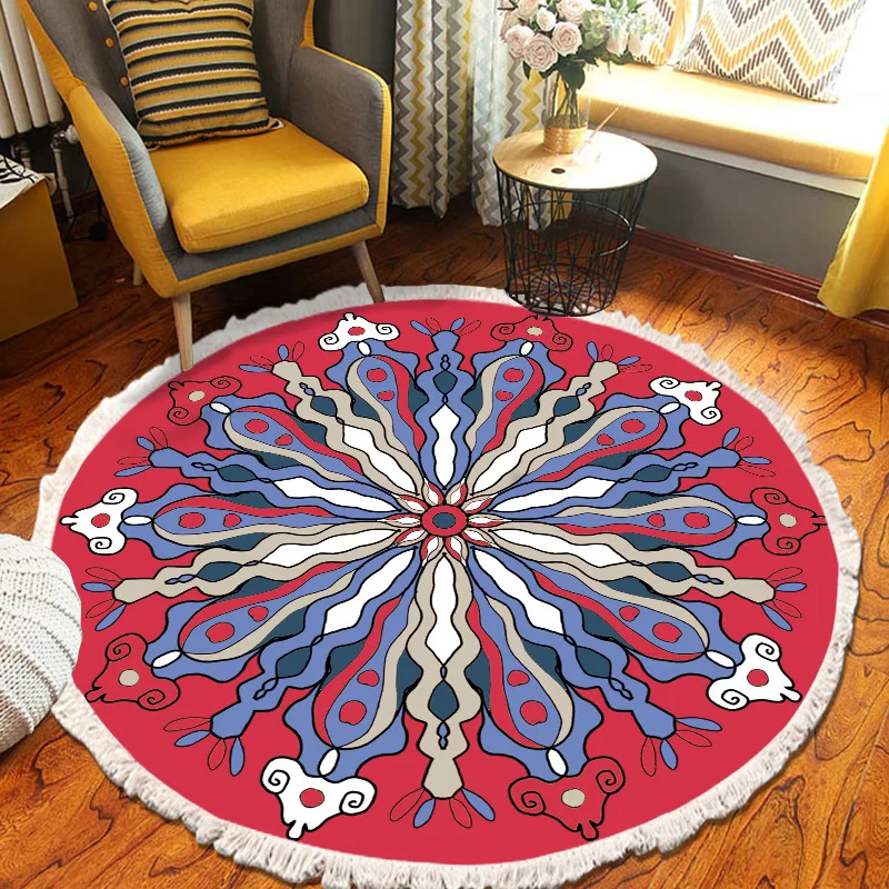 ​Home Decor Retro Bohemian Round Carpet Hand Woven Cotton Linen Carpet Rug Bedside Rug Geometric Floor Mat Living Room Carpet