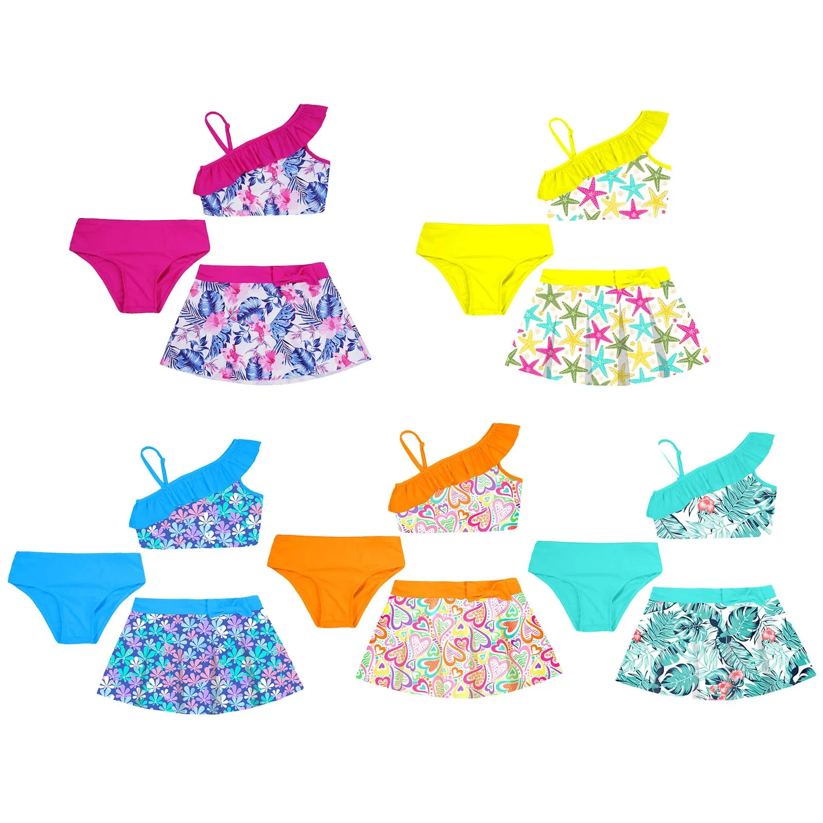 Kids Girls Swimsuits Outfits 3Pcs Floral Oblique Shoulder Ruffle Vest Crop Tops with Bikini Briefs and Skirts Children Swimwear