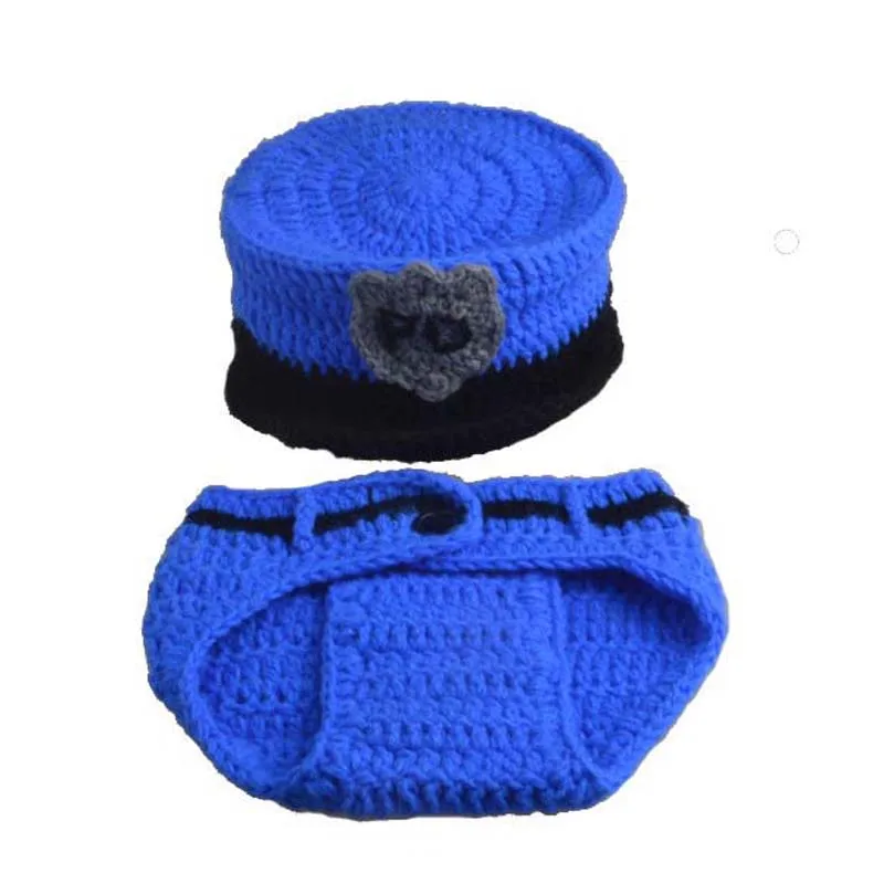 New Hot Sale Newborn Police Design Photography Photo Props Infant Toddler Costume Outfit Handmade Crochet Hat Diaper Set H230 6