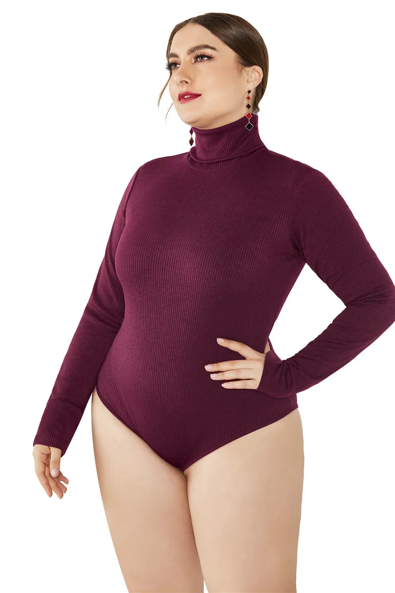 Plus Size Women Elegant Turtleneck Long Sleeve Knitted Bodysuits Autumn Winter New Solid Casual Bottoming Short Jumpsuits Female long sleeve bodysuit Bodysuits