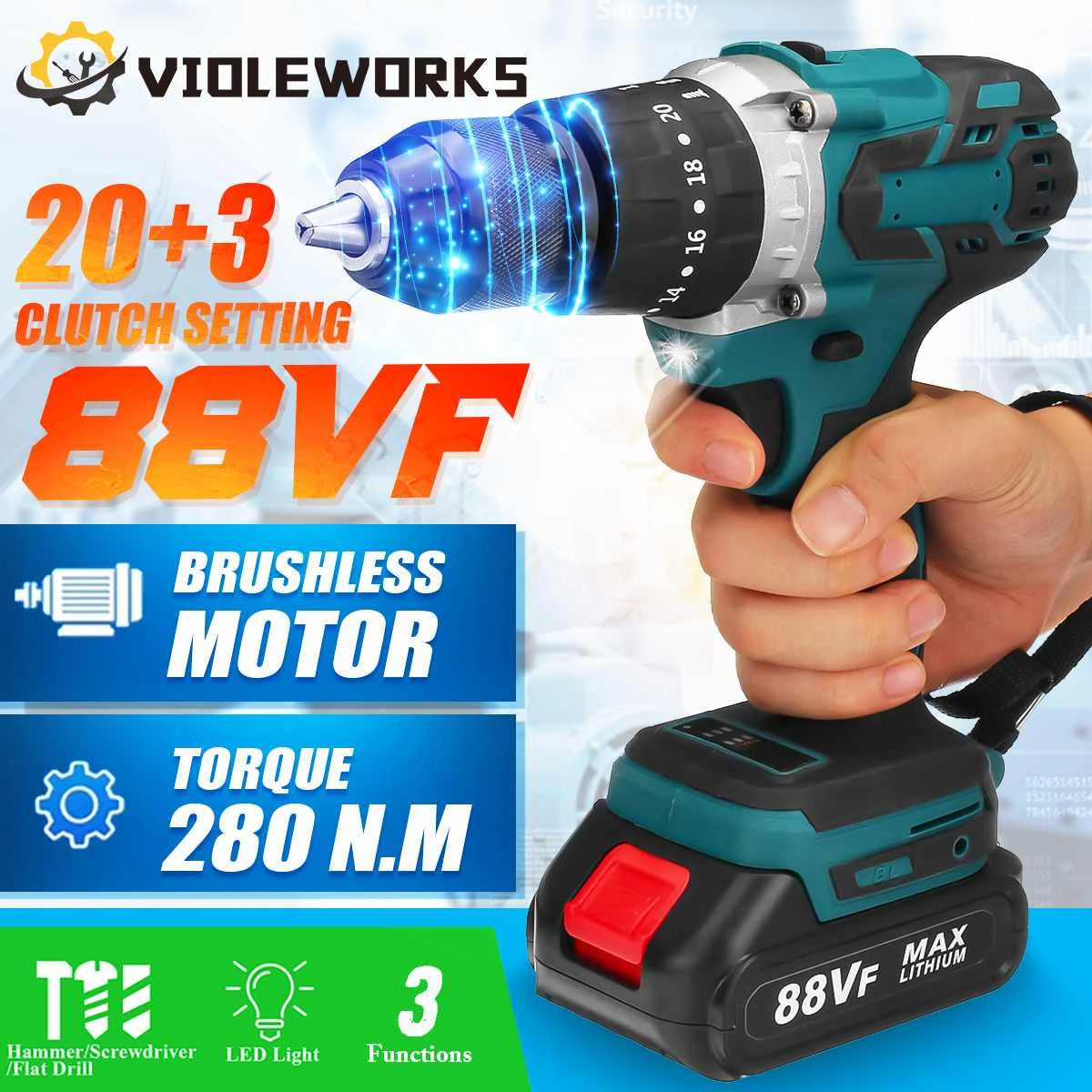 Household Electric Screwdriver 18V Lithium Electric Drill JF-XUAN Cordless Electric Drill Cordless Electric Drill Electric Drill Color : 1 electricity, Size : 18V Electric Tool 
