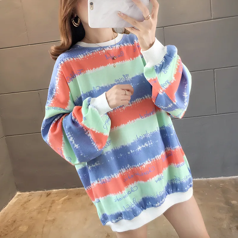 

Women's Graffiti Rainbow Striped Sweatshirt Spring and Autumn Long Sleeve Round Neck Large Size Loose Casual Fashion Pullover