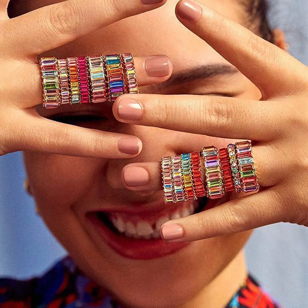 

MESTILO Bohemia Rainbow Rings For Girls Women Crystal Rhinestone Wedding Bridal Colorful Rings Sets Bijoux Jewelry Accessories