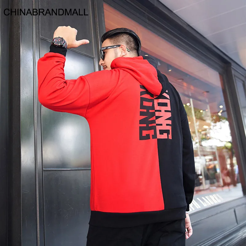 

Big size Men's Wear super Brand Fat Man Loose Hoodie Left And Right Splicing Plus Fat Plus Printing with Hat Sweater