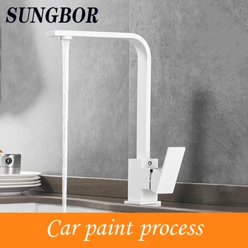 

White kitchen sink, sink, hot and cold water faucet, copper body, square rotatable kitchen sink faucet