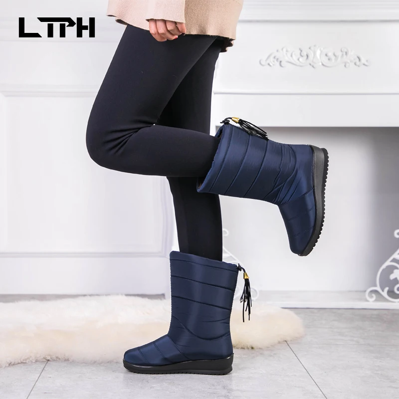 LPTH Snow Boots 2020 Women's Winter Shoes Mid-calf Waterproof Calf Snow Boots Warm Fur Wedge Women Boots Shoes Women's Shoes