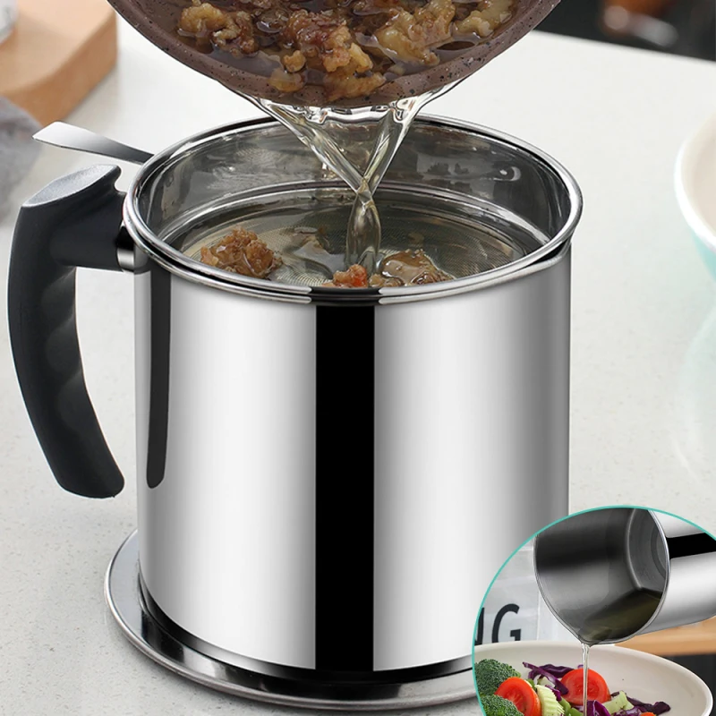 1.2L Kitchen Cooking Oil Filter Pot Soup Grease Stainless Steel Strainer Separator