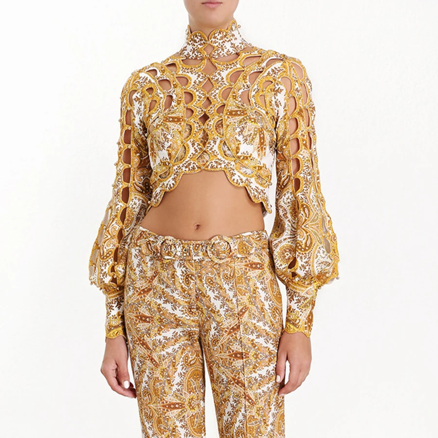 

Design 2019 Summer Print Palace Vintage Style Women Shirt Beading Hollow Out Crop Top Sexy Top Stand Collar Puff Sleeve Blouse