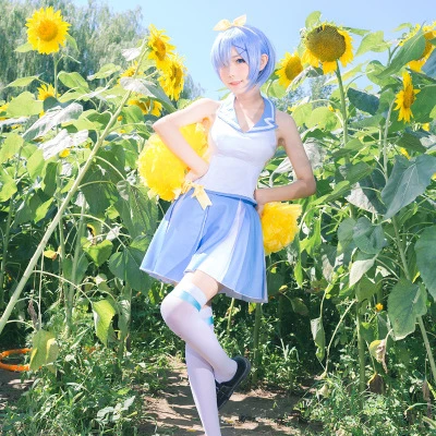 

Hight Quality Anime Re:Life in a different world from zero Rem Cheerleading Uniform Woman Cosplay Costume Dress + Bowknot + Sock