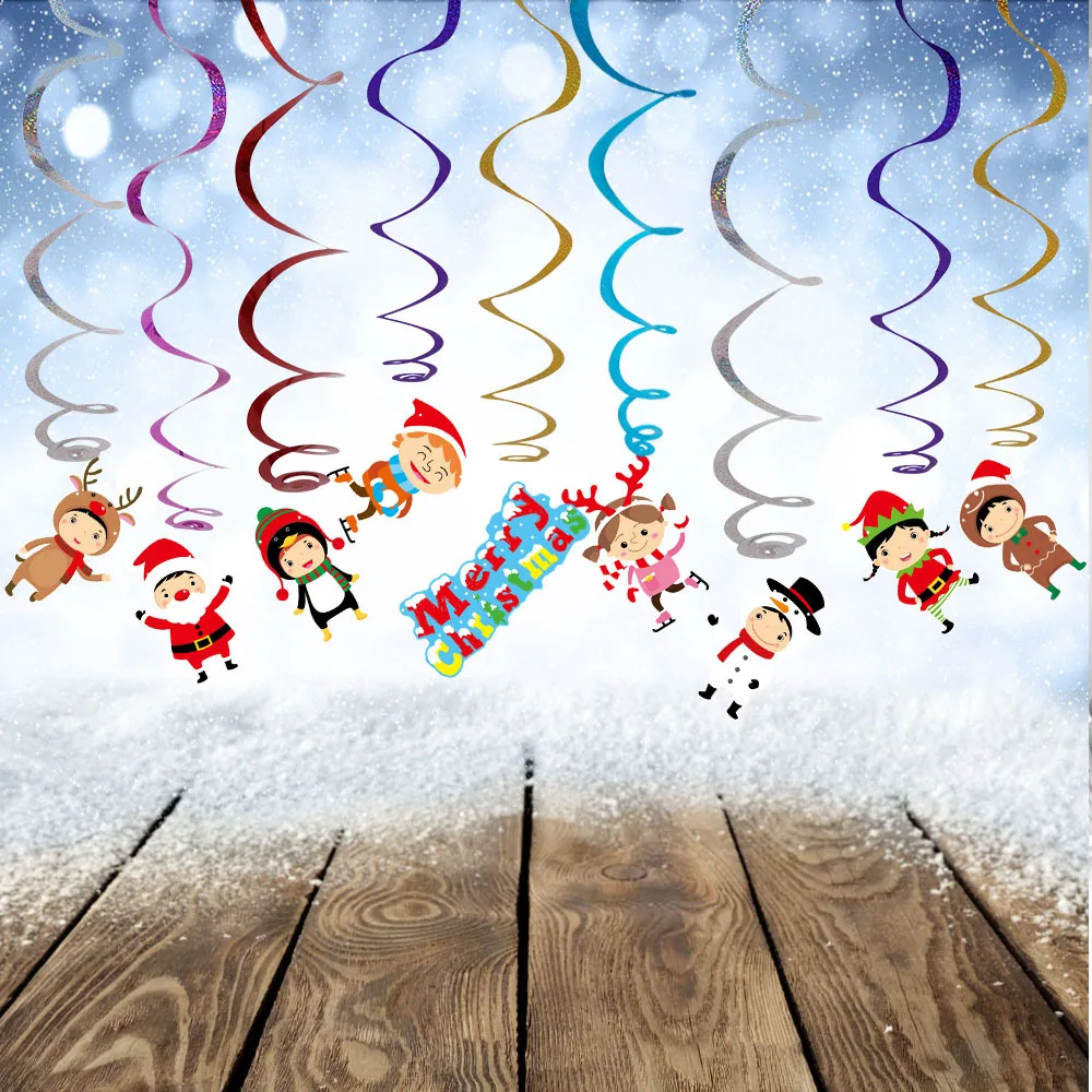 

9pcs/pack Christmas Decoration Ceiling Swirls Party Decor Cartoon Santa Elk Snowman Christmas Hanging Ornaments Merry Christmas