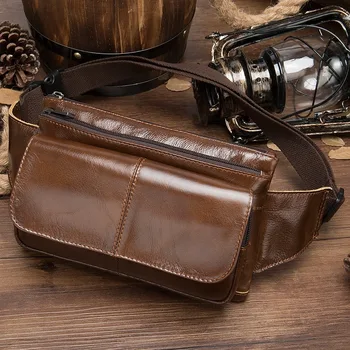 

Luxury Genuine Leather Waist Packs Outdoor Durable Shoulder Messenger Bag Retro Adjustable Belt Waist Bag For Men