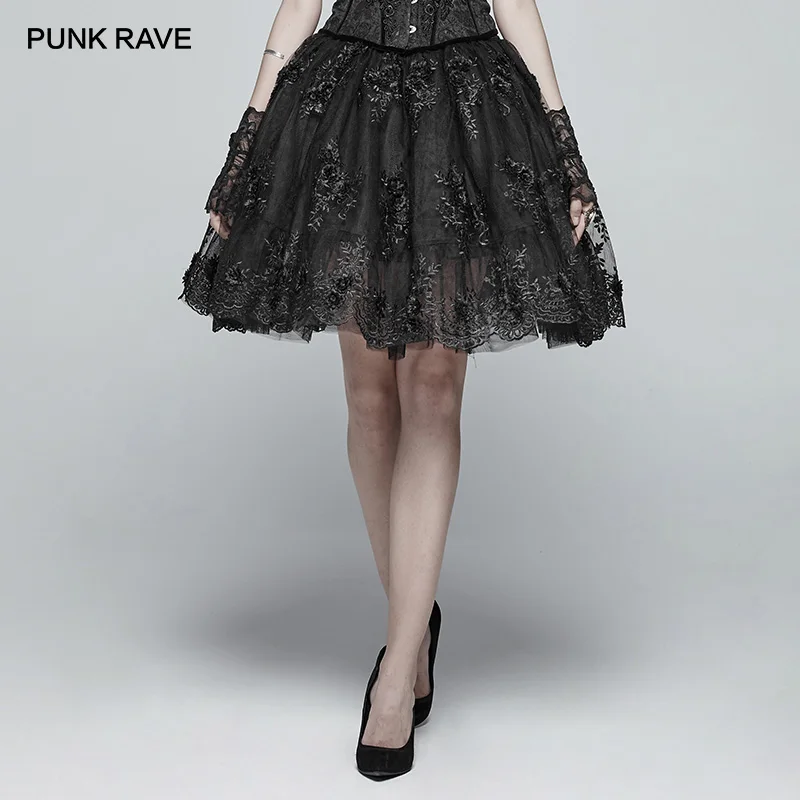 PUNK RAVE Victoriaanse Gothic Lolita Zwarte Korte Dubbele Gelaagde Gepofte Lace Bloemen Rok Prestaties Halloween Zoete Rokken Vrouwen PUNK RAVE Victoriaanse Gothic Lolita Zwarte Korte Dubbele Gelaagde Gepofte Lace Bloemen Rok Prestaties Halloween Zoete Rokken Vrouwen