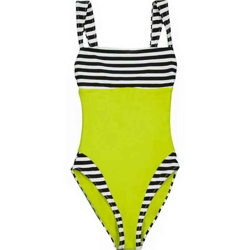 Neon Green Swimsuit Сексуальный двусторонний полосатый купальник с высоким вырезом, Женский Монокини, пэчворк, стринги, Цельный купальник, женский купальник, купальный костюм, трикини - Цвет: Neon Green Swimsuit