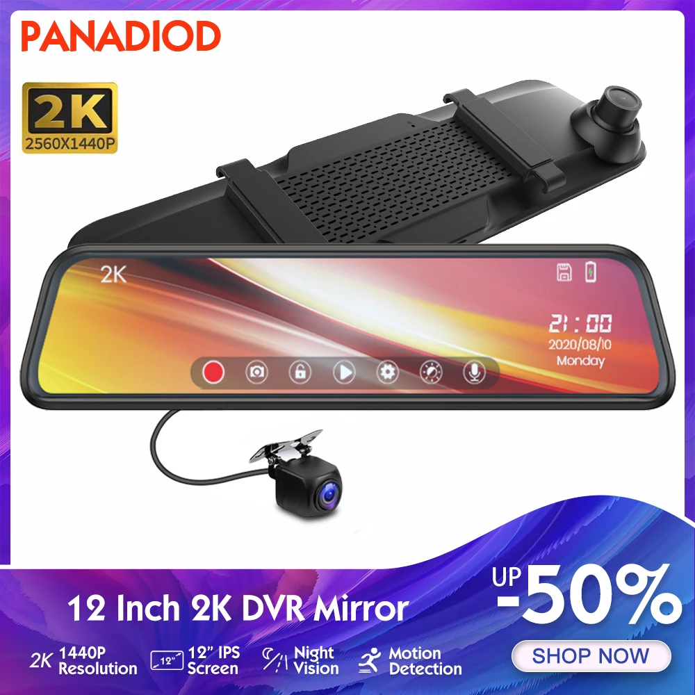 12 Inch Car Dvr Stream Media Dash Cam 1440p Touch Screen Dual Lens 2k