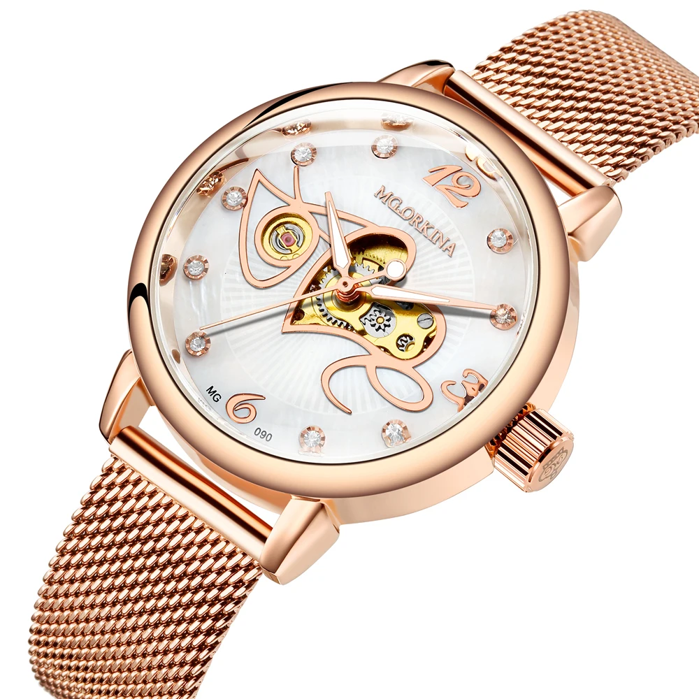 New Fashion Love Creative Lady Automatic Mechanical Watch Diamond Female Clock Black Stainless Steel Wristwatch Gifts for Women