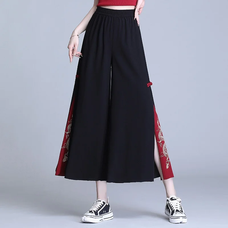 Women Pants Chinese Style Women's Pants New Summer Hippie Ethnic Loose Black Slit Wide Leg Pant Femme Pantalones Kimonos Trousers F3193