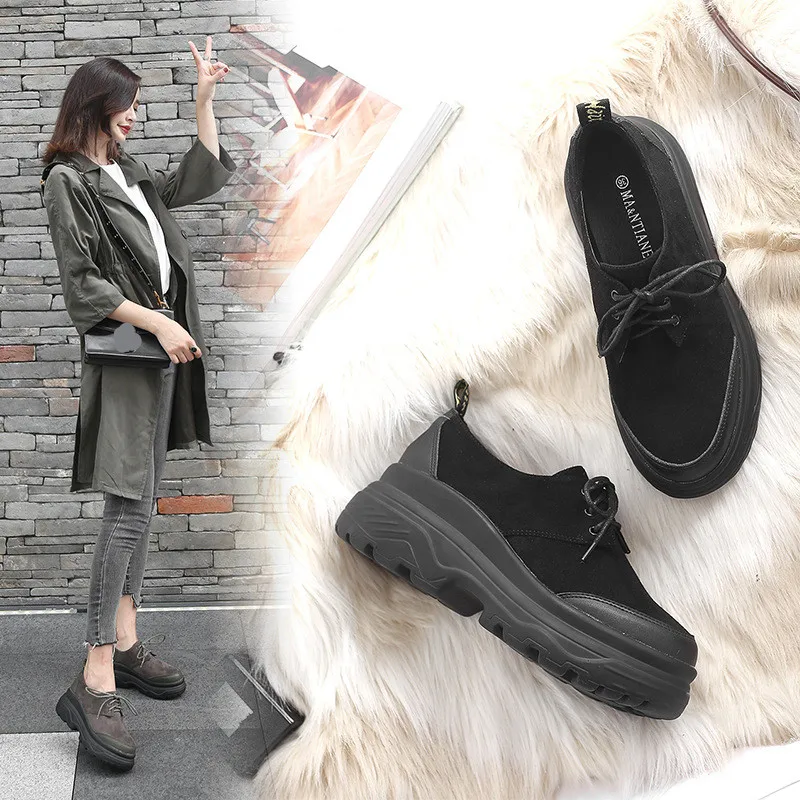 

British Style All-Match Leather Women's Shoes Casual Female Sneakers Round Toe Flats Autumn Clogs Platform Preppy Genuine