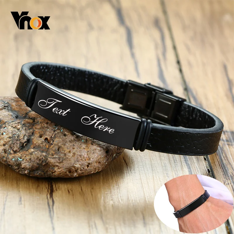 

Vnox Mens Black Leather Bracelet Free Custom Engrave Messages with Stainless Steel ID Tag Jewelry