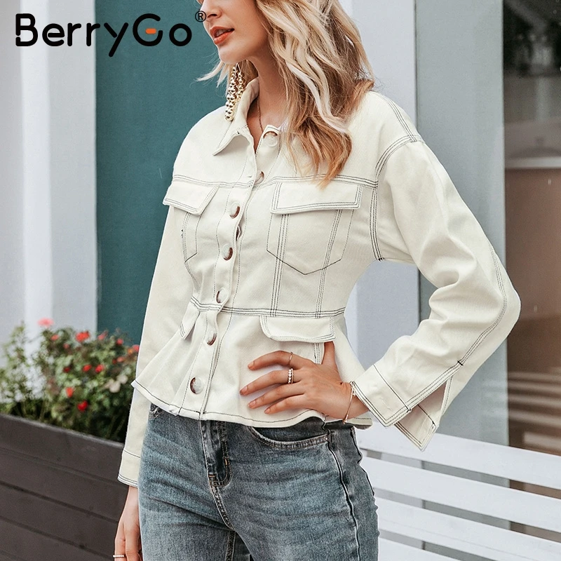 BerryGo элегантные женские джинсовые куртки с длинным рукавом Осенняя женская верхняя одежда хлопковая куртка с высокой талией пуговицы офисные женские белые пальто