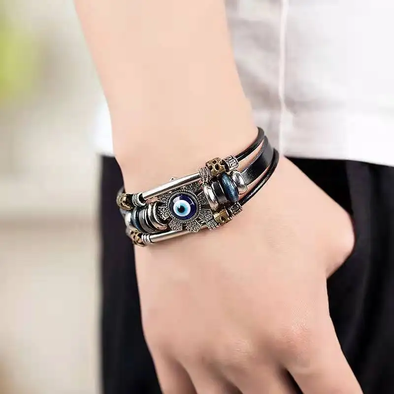 FashionBlueEyeBraceletPersonalityRetroEthnicStyleStainlessSteelPairBuckleLeather