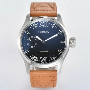 

luxury 46mm parnis black dial Leather strap Luminous watches hand winding Roman/Arabic Number mechanical mens watch