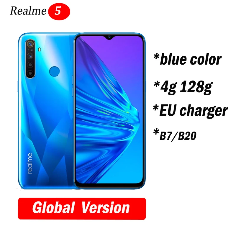 Realme 5 глобальная Версия Мобильный телефон 6,5 ''полный экран Snapdragon 665 AIE Quad камера PowerHero мобильный телефон - Цвет: 4G 128G Blue