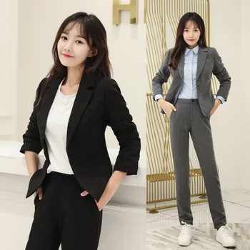 

Women's suit 2019 autumn new casual fashion temperament slim slimming solid color single buckle small suit trousers two-piece