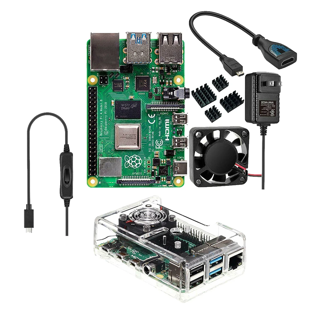Raspberry Pi 4 Model B 4GB RAM + Case + Fan + Heat Sink + Power Adapter + Micro HDMI Cable for RPI 4B