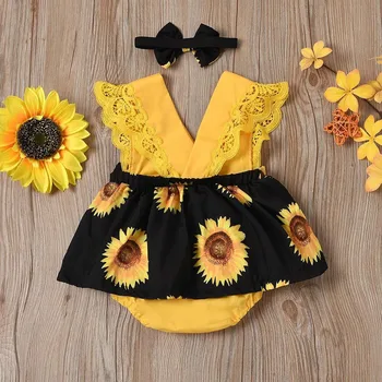 6 12 18 24 Months Newborn Baby Bodysuit Sets With Headband Sleeveless Sunflower Print Romper Infant Outfits Girl Summer Clothing 4