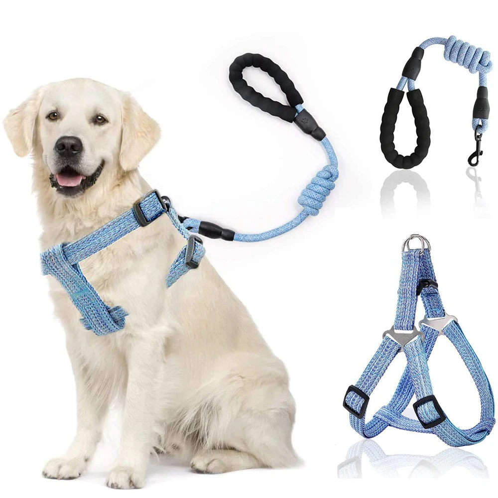 Dog Leash Harness Set with Collar Heavy Duty Denim Dog Leash Collar for