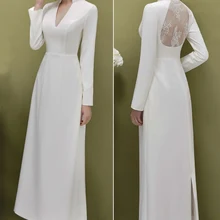 Мягкое атласное кружевное вечернее платье с длинным рукавом цвета слоновой кости с v-образным вырезом простое свадебное платье