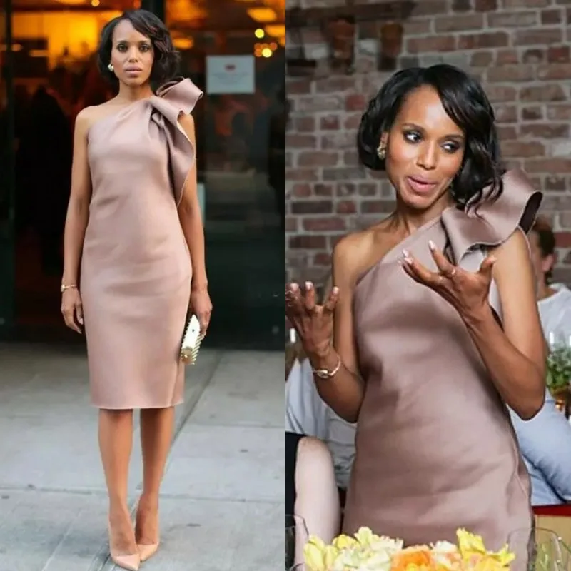 Dusty Pink Elastic Silk Like Satin Short Mother Of The Bride Dresses Cheap One Shoulder Sheath Knee Length Evening Dress | Свадьбы и