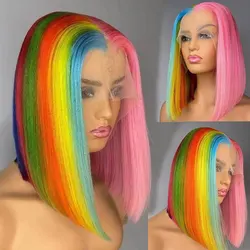 Blue Green Red Colored Rainbow Bob Wig Human Hair PrePlucked Pink Bob Wig Straight Lace Front Human Hair Wig For WomenT Part Wig