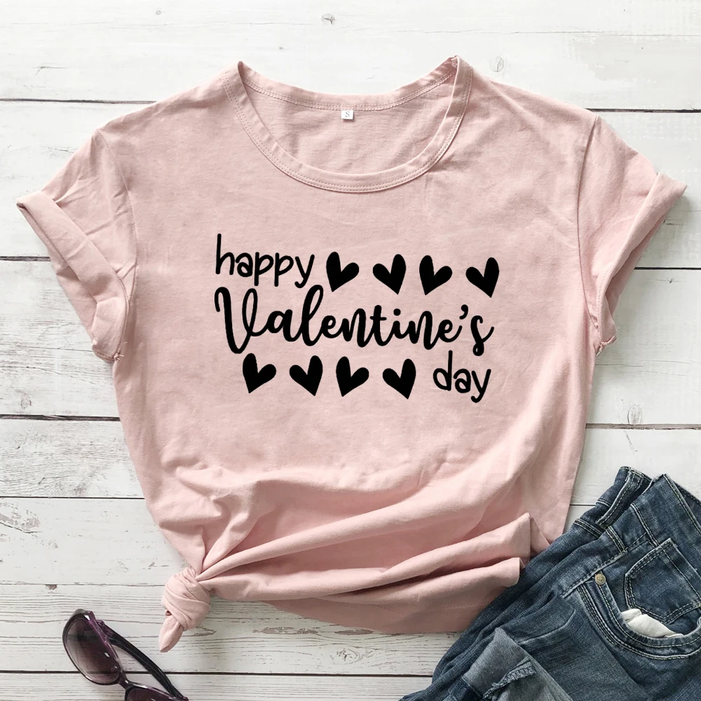 Happy Valentine's Day 100% хлопковая футболка Милая женская графическая с Днем Святого