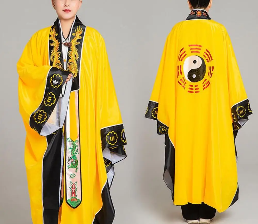 unisex high quality Taoist dragon collar cassock robe taoism clothing vestment tai chi bagua gown garment red/yellow