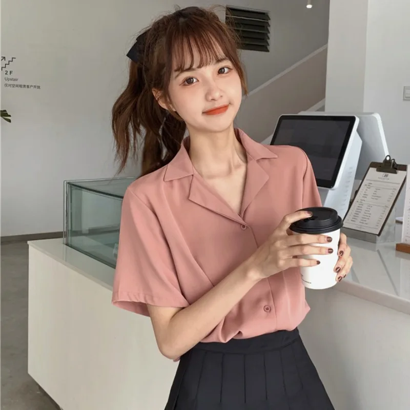 Turndown Collar Short Sleeve Chiffon Shirt Blouse Women 2020 Office Ol Overalls Shirt Casual Button Loose Summer Simple Tops