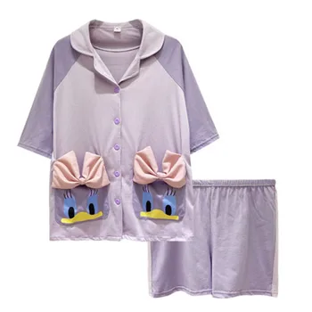 

Women Cartoon Pajama Daisy Duck Purple V Neck Tops and Shorts Nightgown Set Harajuku Ladies Anime Homewear Girls Lounge Wear
