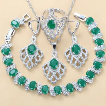 

Fashion Wedding Jewelry Sets Silver Color Green Cubic Zirconia Necklace And Earrings Bridal Sets
