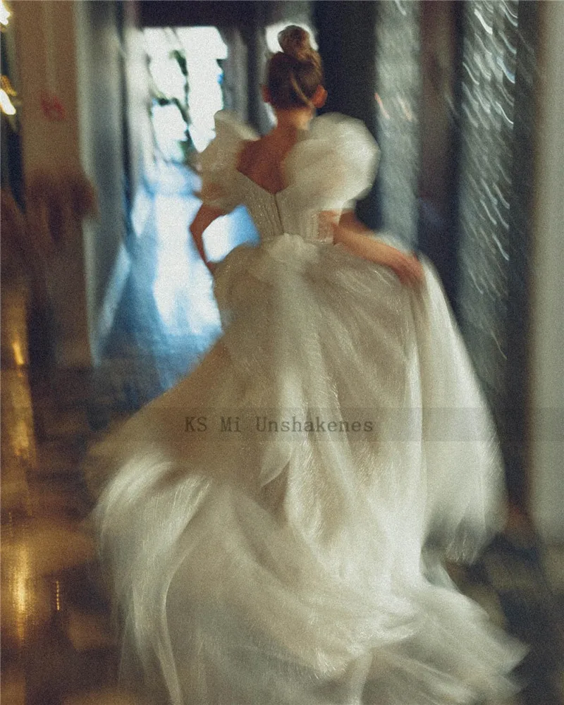 Wedding Dresses Shiny Glitter Puff Short Sleeve Vintage Bride Dress