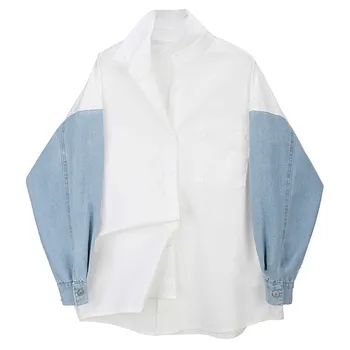 

SHENGPALAE 2020 New Fashion Spring Splice Shirt Female Tops Long Sleeve Casual Turn-down Collar Women's Loose Blouse ZA3113