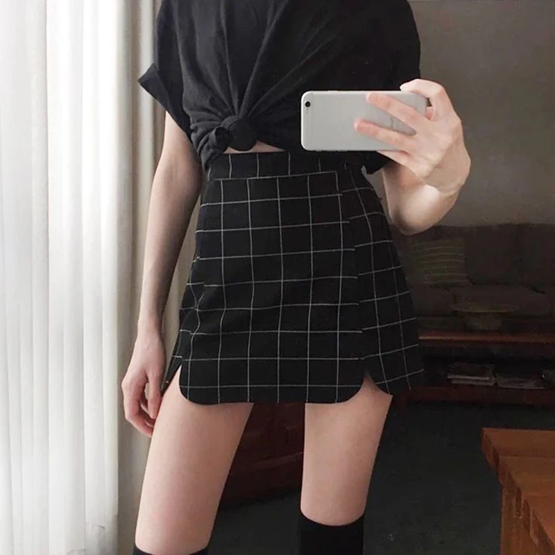 

Summer Skirt Women Sexy Plaid Print High Waist A-Line Bag Hip Button Bodycon Mini Casual Skirt Harajuku Empire new skirt
