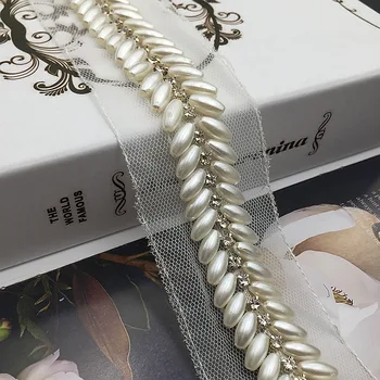 

2 Yards White Pearls Lace Trim Rhinestone Collar Ribbons Chain Trimming African Lace Sewing Materials for Wedding Dress DIY