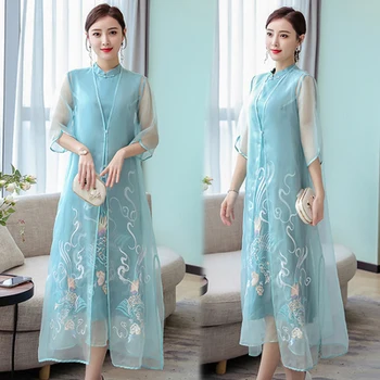 

2 Pieces Set 2020 New Women Chiffon Heavy Industry Embroidery Chinese Style National Dress Fashion Women Dresses