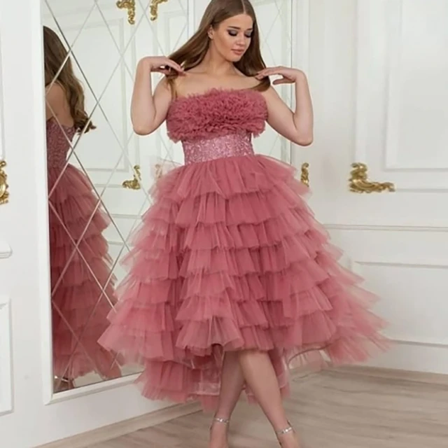 Impresionante vestido de fiesta de una línea sin tirantes, traje de tul  Alto y Bajo con volantes y faja, vestidos de fiesta de regreso A casa,  hecho A medida, 2021 - AliExpress