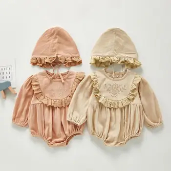 

Autumn Baby Girl Bodysuits Flower Embroidery Baby Fashion Cotton Linen Long Sleeve Jumpsuit With Hat Little Girls Clothes