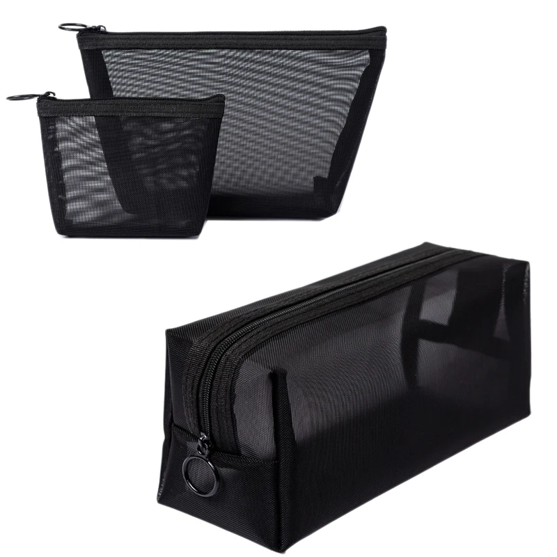 

3Pcs/Set Black Mesh Clear Cosmetic Bag Beauty Wash Bags Makeup Case Travel