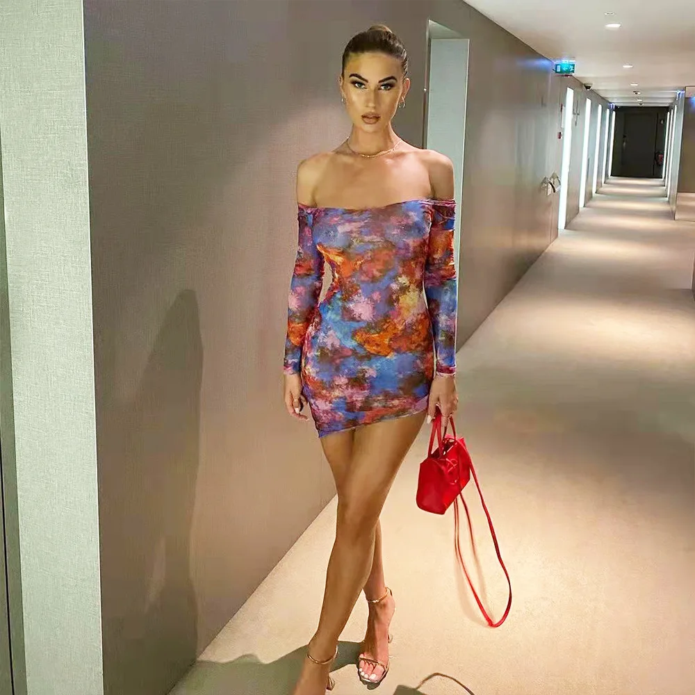 

SKMY Women Clothing 2021 Autumn New Slash Neck Off The Shoulder Tight Dress Sexy Tie-Dye Printed Long Sleeve Bodycon Dress