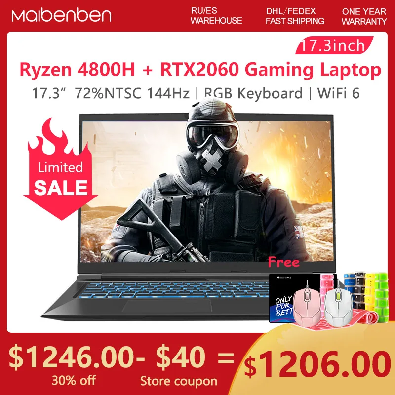 Nueva llegada MAIBENBEN portátil de juegos P748 [17,3 144Hz anuncios pantalla/AMD Ryzen7 4800H/ RTX 2060 6GB/teclado RGB/16G/512G pci-e SSD.