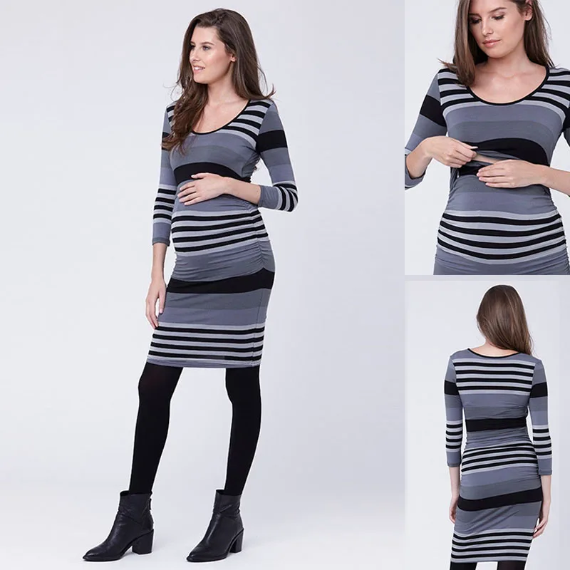 2020 Fashion New Maternity Dress Pregnant Breastfeeding Dress Slim fit Casual Striped Dress for Pregnant Women Nursing Dress